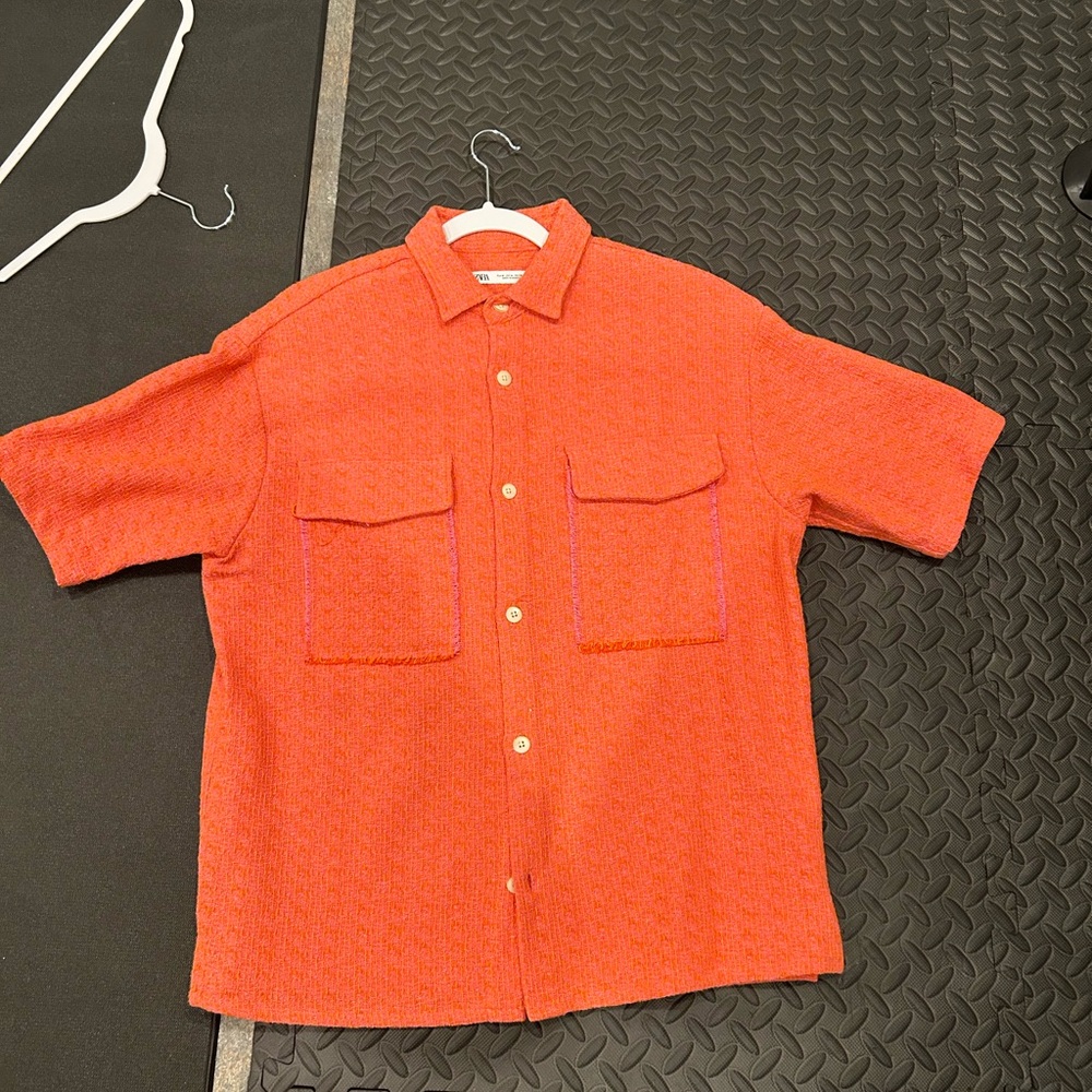 Zara Orange Pink Textured Button-Down Shirt - Picture 4 of 4